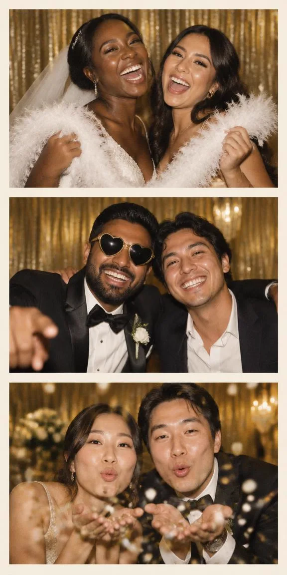 Photo strip of guests laughing with props at a Meet Cute photo booth