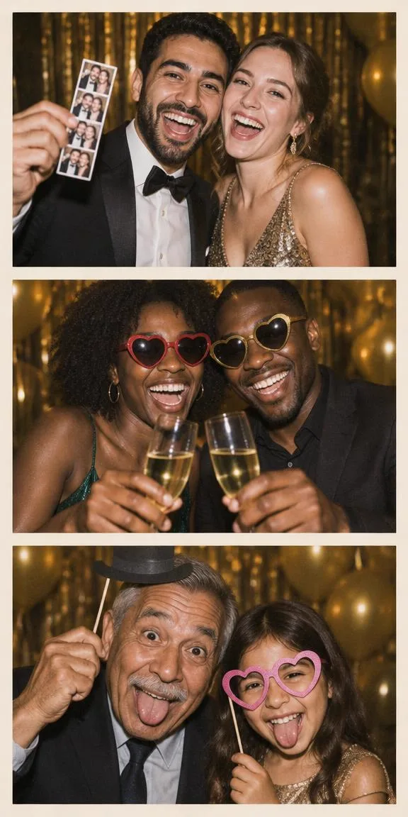 Photo strip of a couple holding their printed booth photos