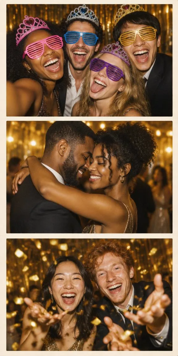Photo strip of a party group wearing tiaras and novelty glasses