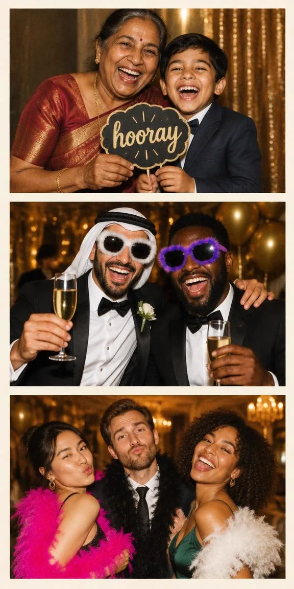 Photo strip of guests celebrating with confetti and props